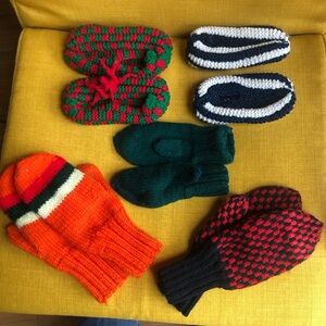 Handmade Wool Knit Mittens  Slippers Collection - Orange, Green, Red, and Black